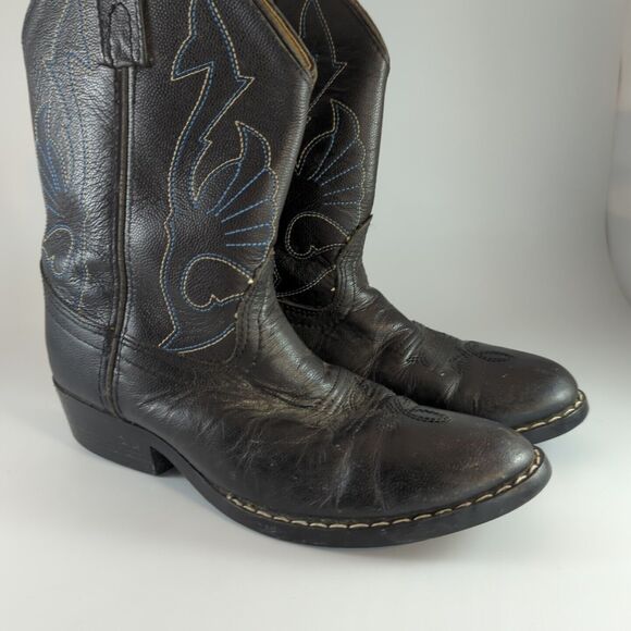 MASTERSON BOOT Co. BOY'S Sz 2, BLACK LEATHER COWBOY WESTERN BOOTS, BLUE STITCH - Picture 1 of 13